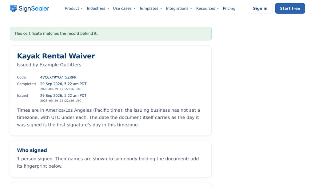 The certificate check page: a green notice that the certificate matches the record, the document's title, code, dates and fingerprint, and who signed.