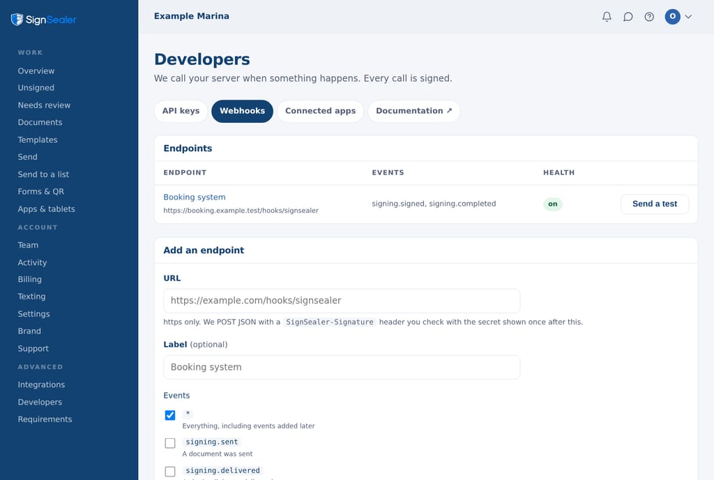 Webhooks: an endpoint on the booking system told when a document is signed or completed, a button that sends it a test, and the form that adds another.