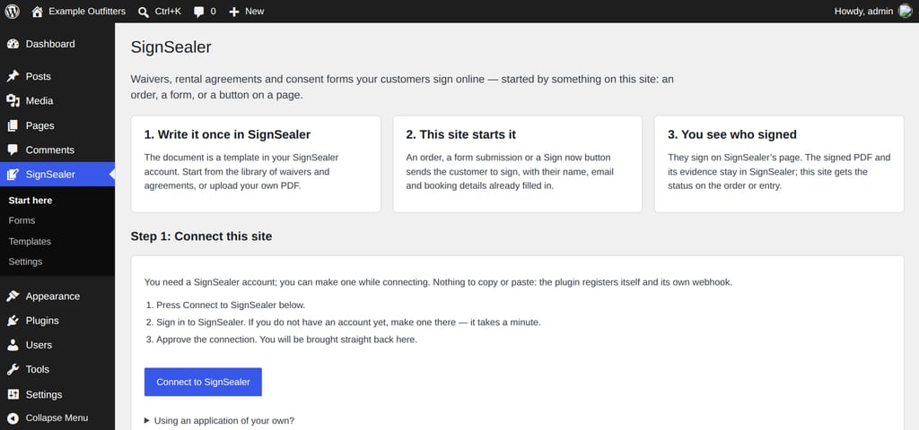 The SignSealer plugin's Start here page in WordPress, before connecting: how to connect, and the Connect to SignSealer button.
