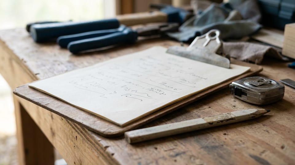 A clipboard holding a handwritten estimate on a workbench, a tape measure, a carpenter's pencil and tools beside it.