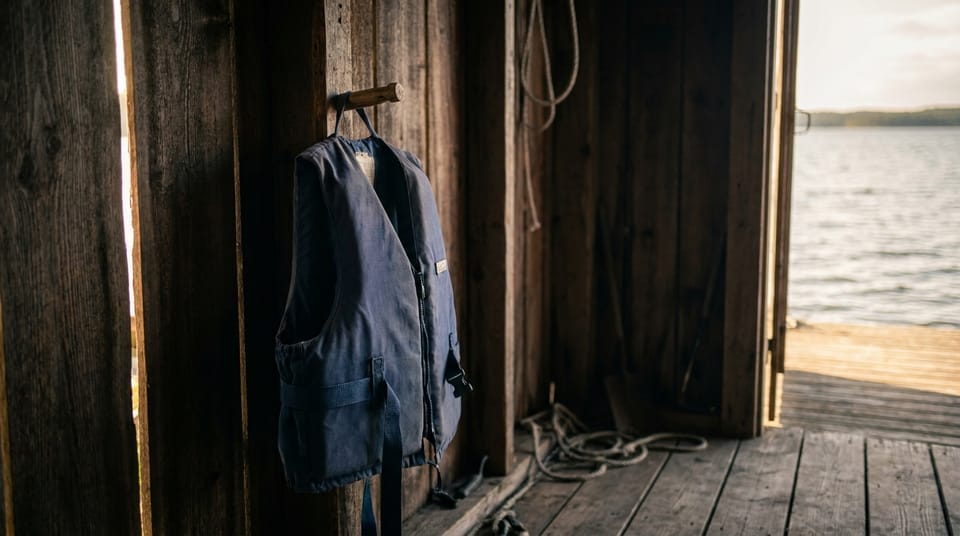 A navy life vest hanging on a peg inside a wooden boathouse, the door open onto the water.