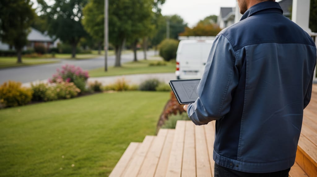 A contractor in a tool belt holding a tablet and pointing at it, beside a homeowner, in the driveway of a house under construction with a pickup and timber behind them.