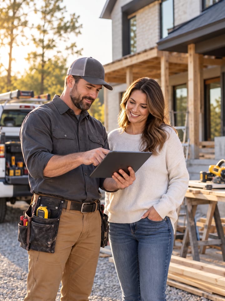 A contractor in a tool belt holding a tablet and pointing at it, beside a homeowner, in the driveway of a house under construction with a pickup and timber behind them.