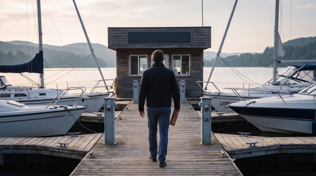 A person walking away down a floating dock toward a small timber marina office, boats moored either side along the finger piers, a lake and low hills beyond.