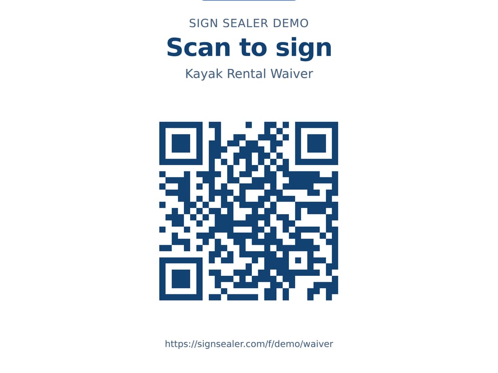 The printable counter card: Scan to sign, a QR code, and the address it opens. The business and the people named are examples.