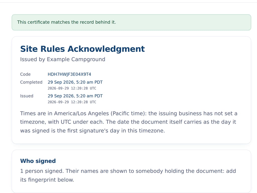 The certificate page for a signed document, checked against the issuing record. The business and the people named are examples.