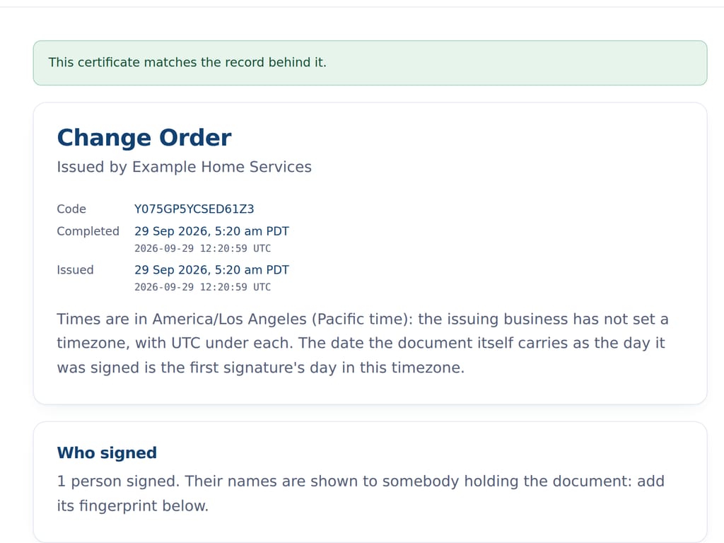 The certificate page for a signed document, checked against the issuing record. The business and the people named are examples.