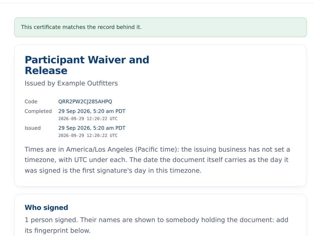 The certificate page for a signed document, checked against the issuing record. The business and the people named are examples.