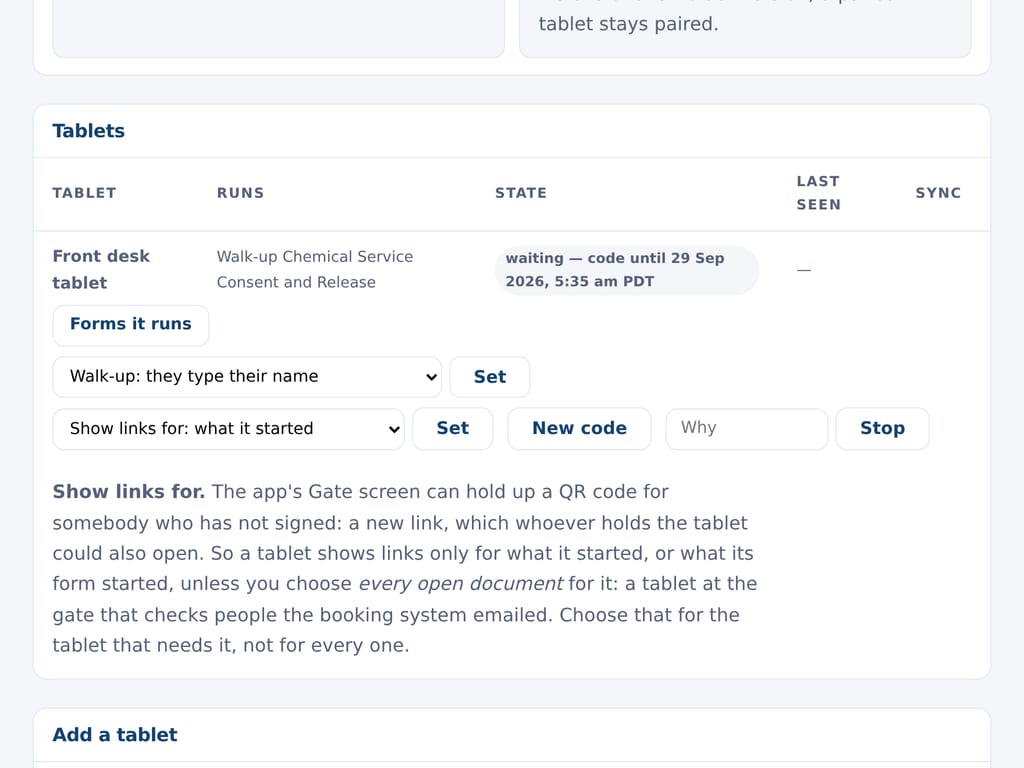 Apps and tablets: a counter tablet locked to one form. The business and the people named are examples.