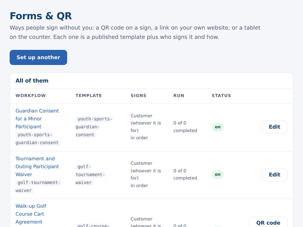 Forms and QR: a saved way of sending with its own public address and code. The business and the people named are examples.