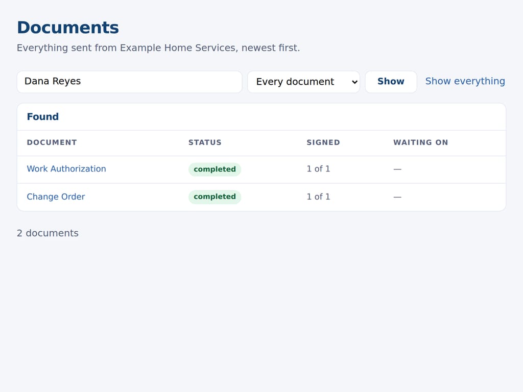 The documents list searched by a customer's name, every document they have signed, with its status and date. The business and the people named are examples.