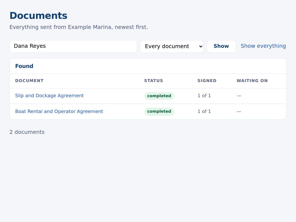 The documents list searched by a customer's name, every document they have signed, with its status and date. The business and the people named are examples.
