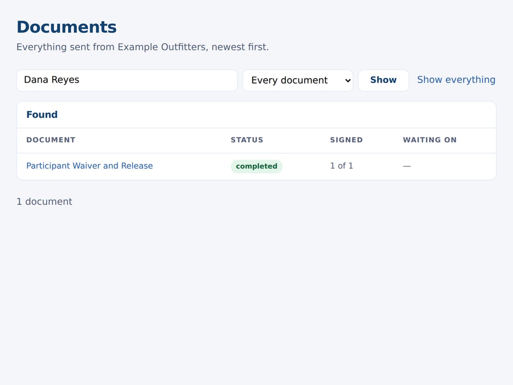 The documents list searched by a customer's name, every document they have signed, with its status and date. The business and the people named are examples.