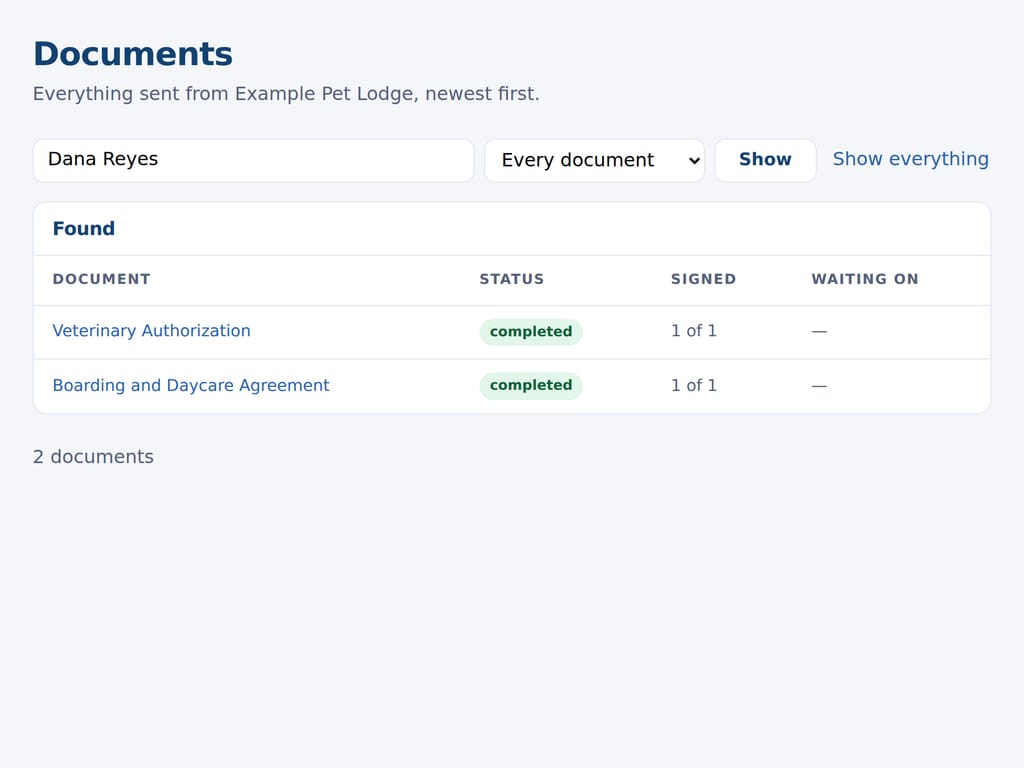 The documents list searched by a customer's name, every document they have signed, with its status and date. The business and the people named are examples.