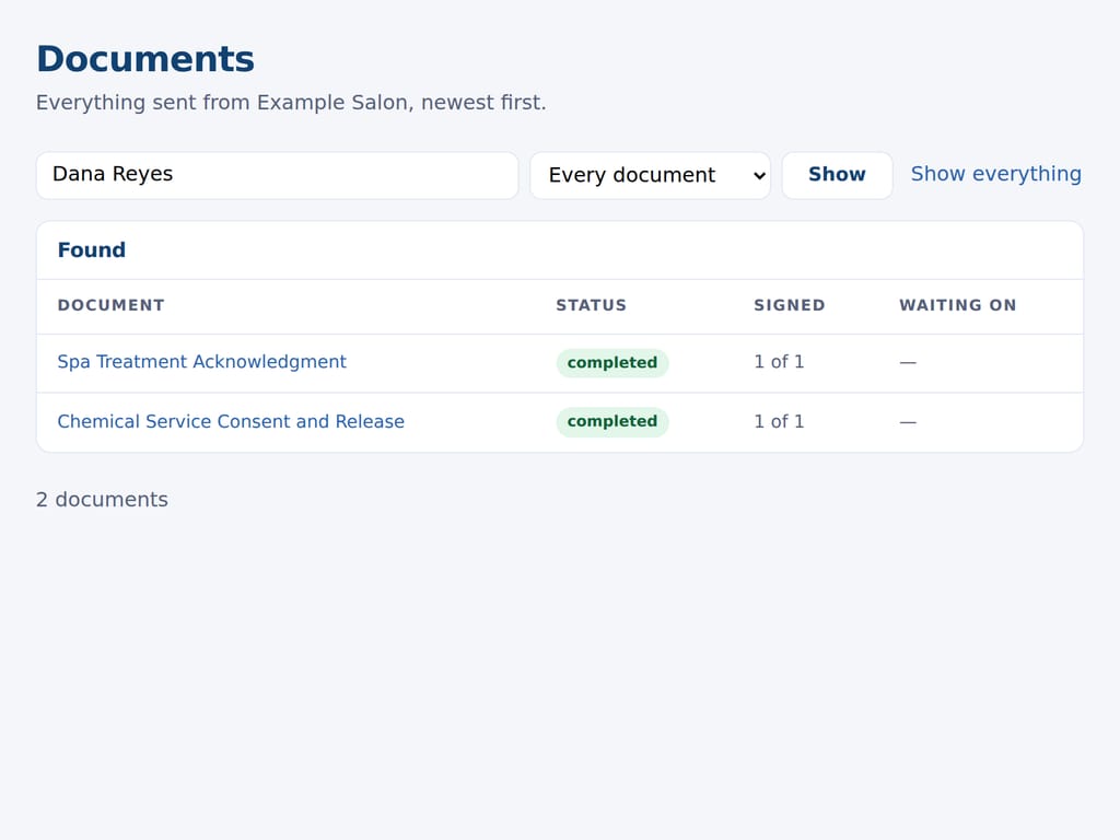 The documents list searched by a customer's name, every document they have signed, with its status and date. The business and the people named are examples.