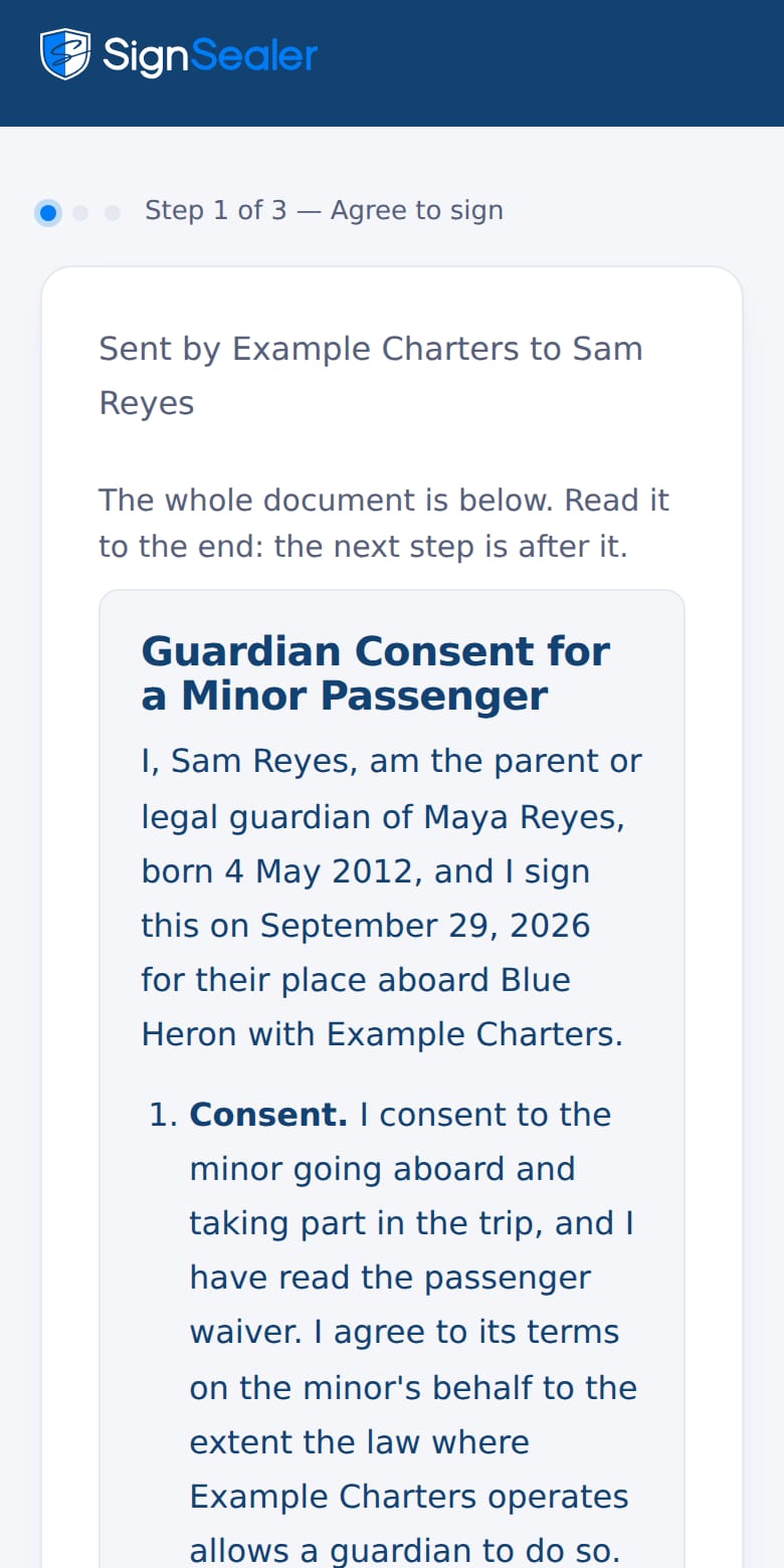 A guardian's consent opening on the parent's own phone, naming the child it is for. The business and the people named are examples.