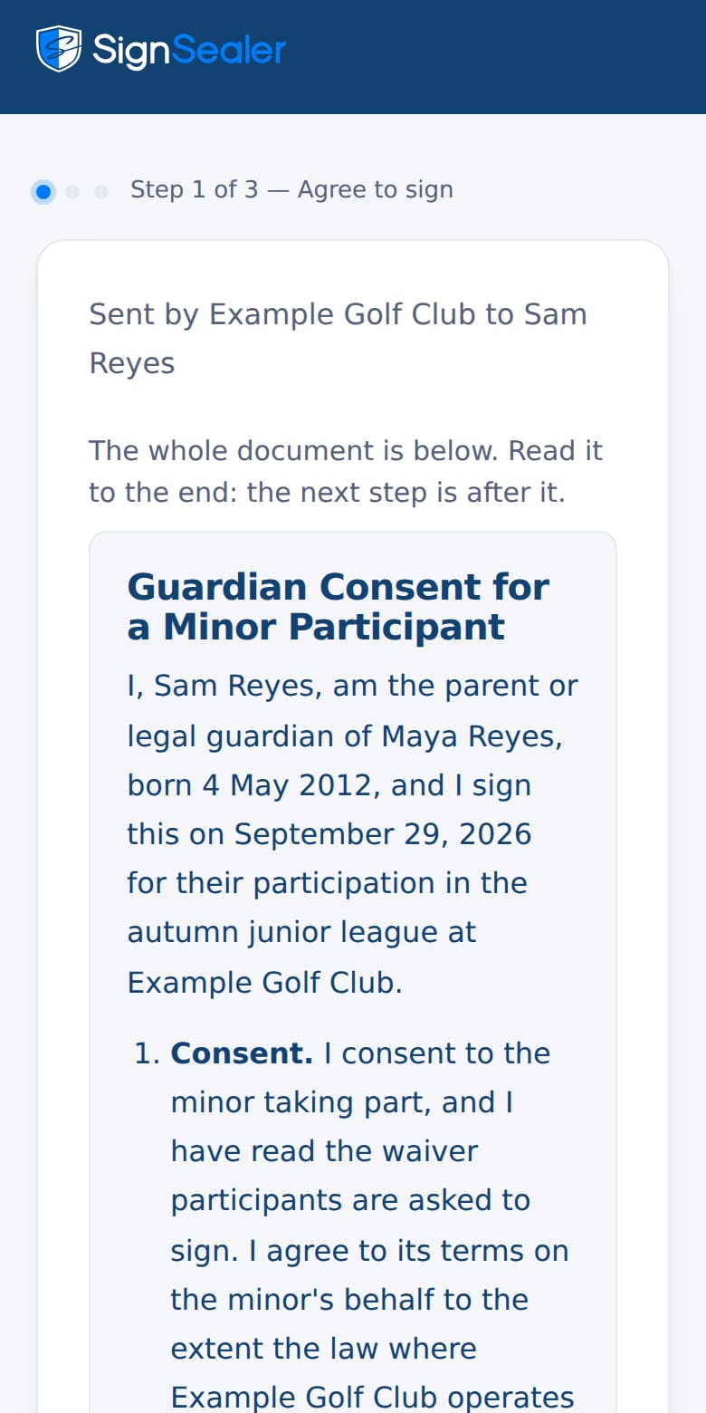 A guardian's consent opening on the parent's own phone, naming the child it is for. The business and the people named are examples.