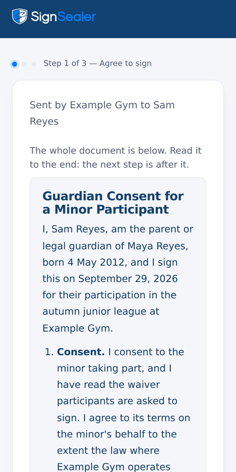 A guardian's consent opening on the parent's own phone, naming the child it is for. The business and the people named are examples.
