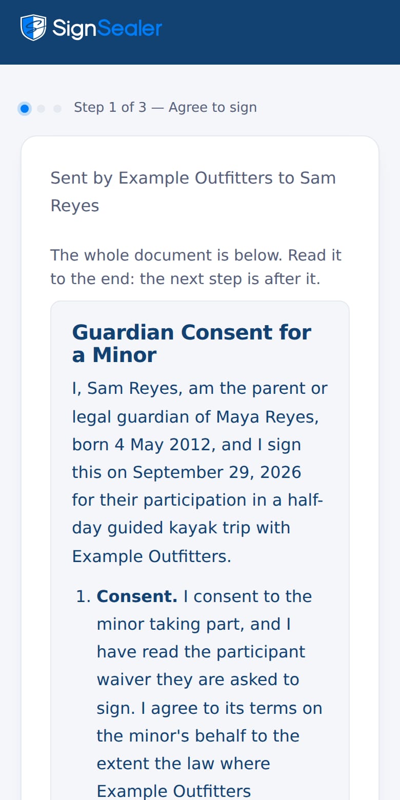 A guardian's consent opening on the parent's own phone, naming the child it is for. The business and the people named are examples.