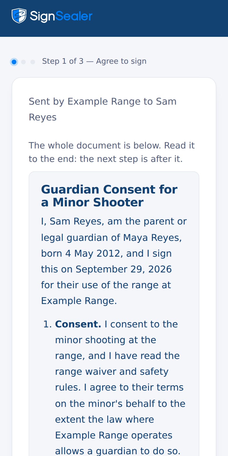 A guardian's consent opening on the parent's own phone, naming the child it is for. The business and the people named are examples.