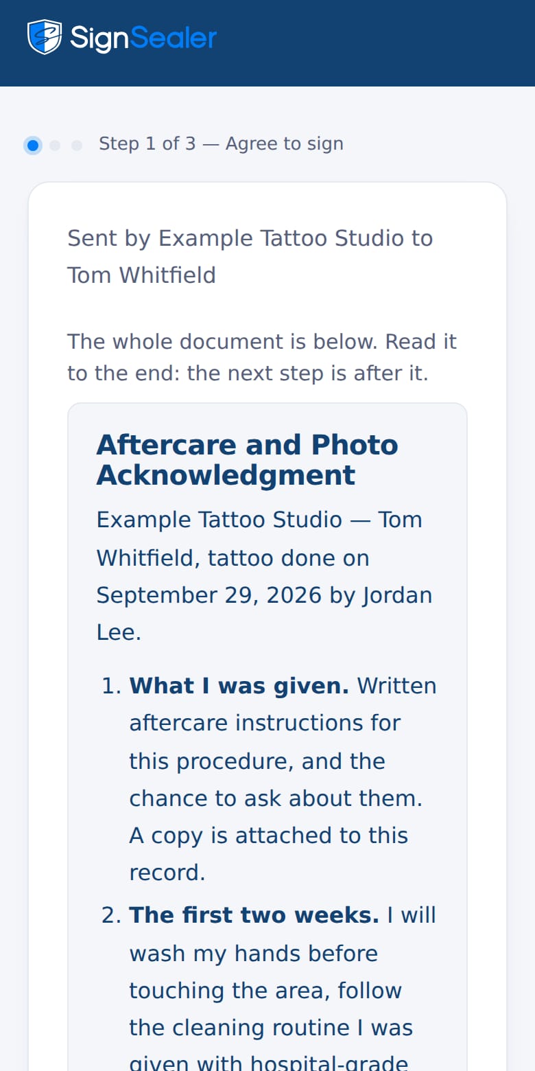 The signing page as it opens from the link in a text or an email: the document's title, who sent it and to whom, and the agreement to sign electronically. The business and the people named are examples.