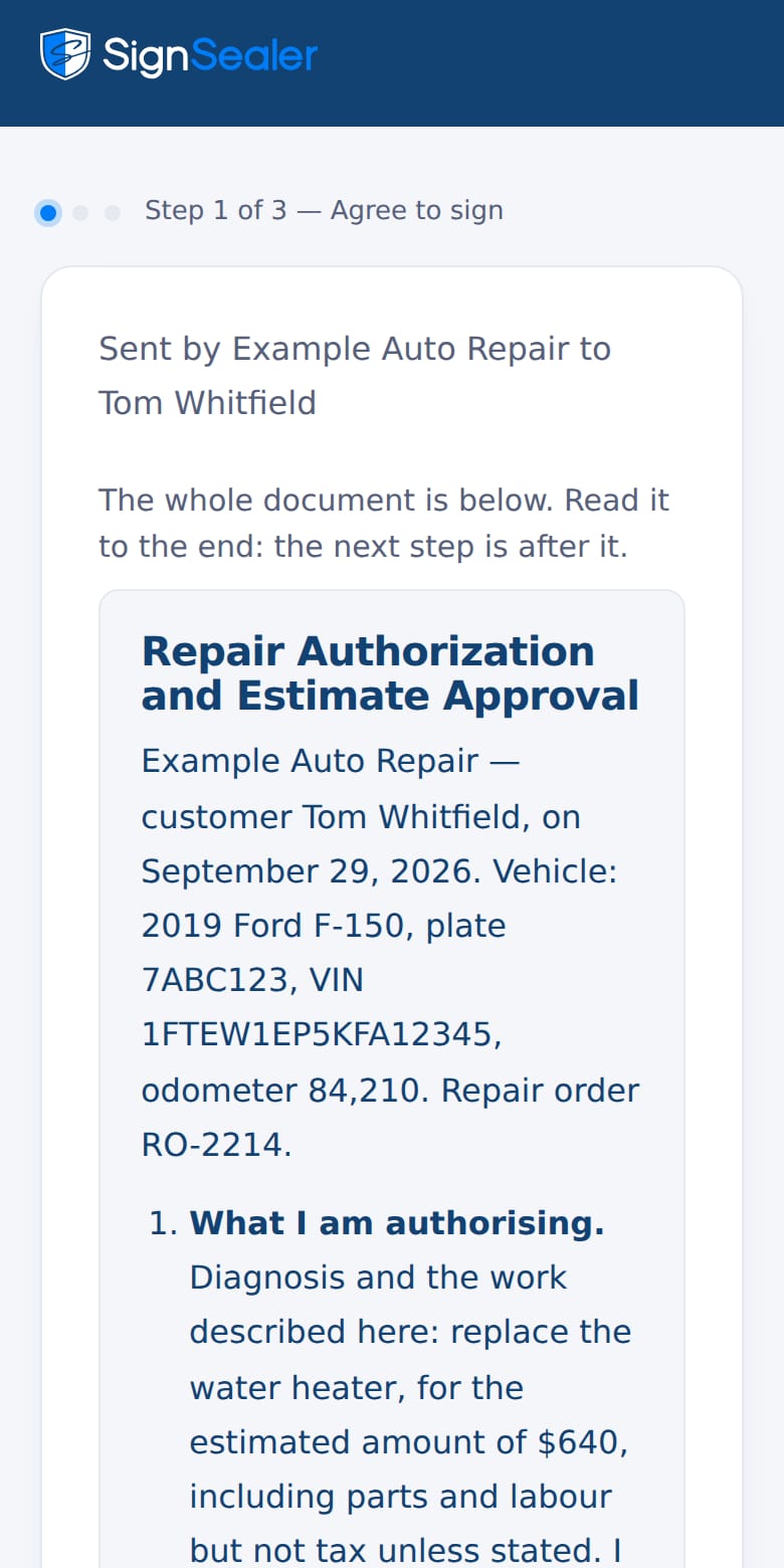 The signing page as it opens from the link in a text or an email: the document's title, who sent it and to whom, and the agreement to sign electronically. The business and the people named are examples.