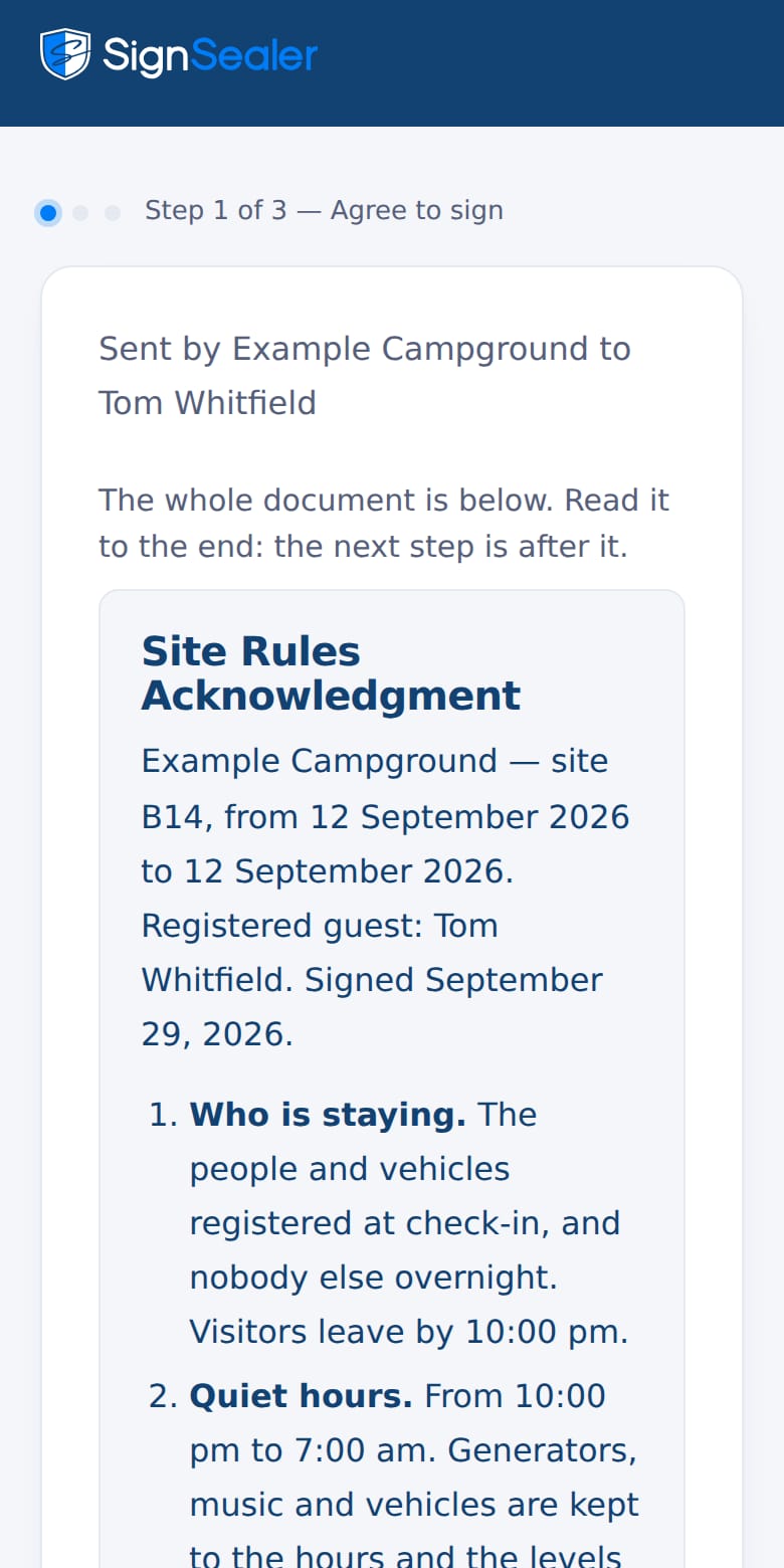 The signing page as it opens from the link in a text or an email: the document's title, who sent it and to whom, and the agreement to sign electronically. The business and the people named are examples.