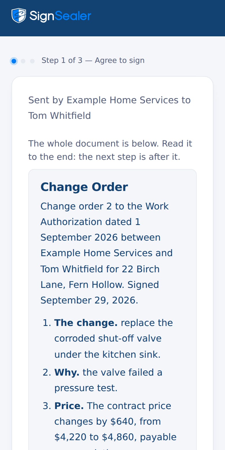 The signing page as it opens from the link in a text or an email: the document's title, who sent it and to whom, and the agreement to sign electronically. The business and the people named are examples.