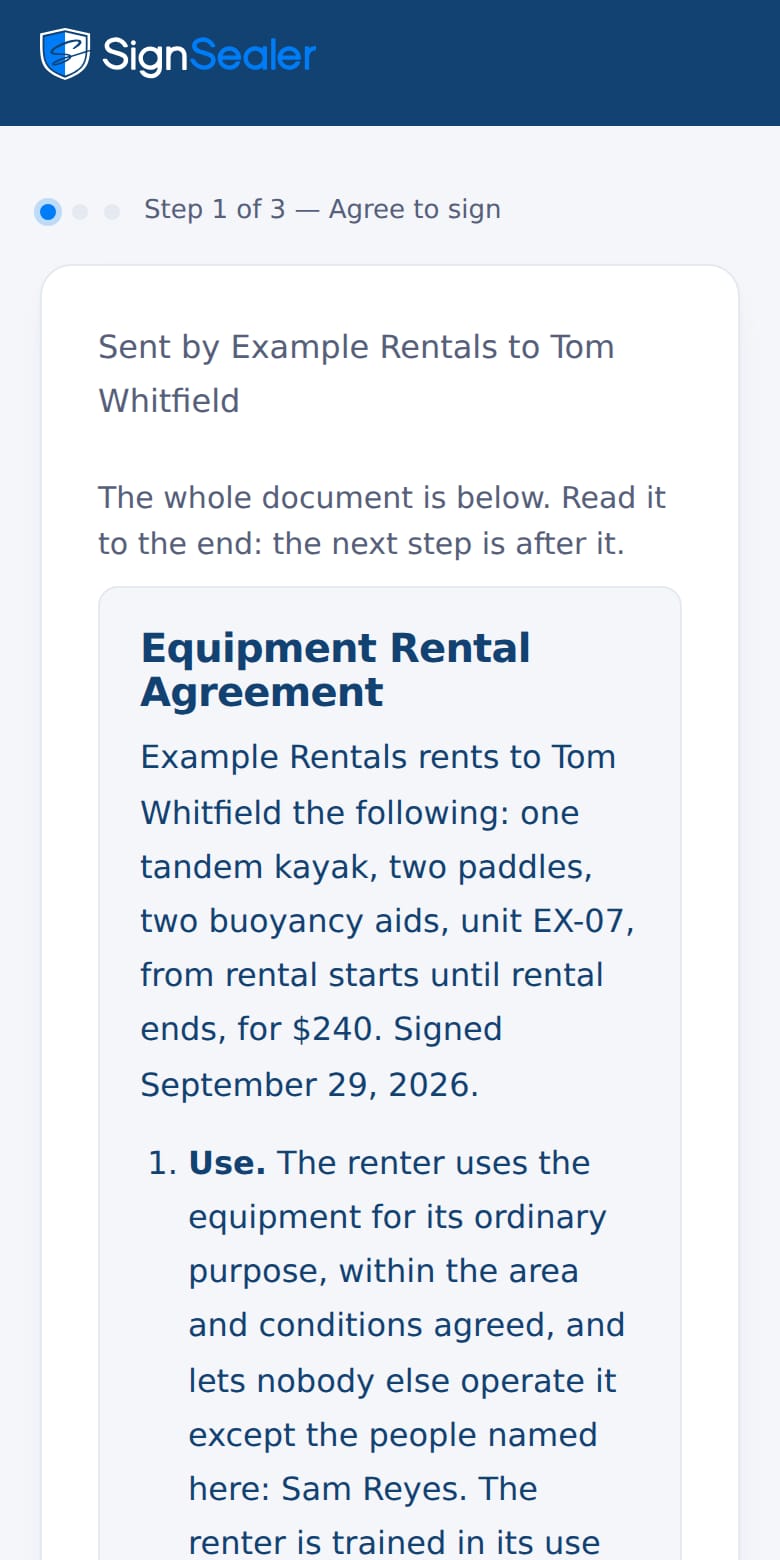 The signing page as it opens from the link in a text or an email: the document's title, who sent it and to whom, and the agreement to sign electronically. The business and the people named are examples.