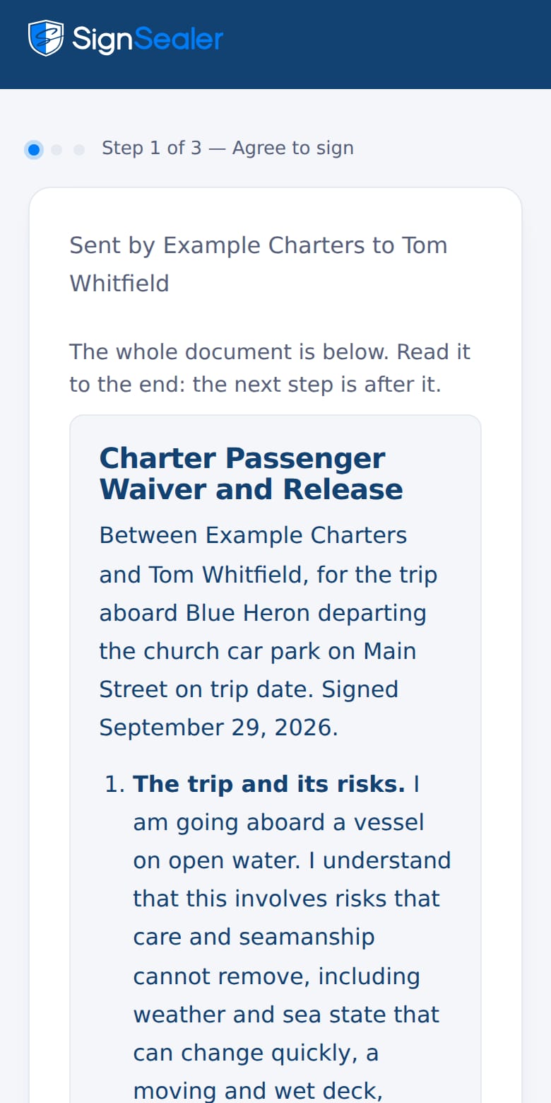 The signing page as it opens from the link in a text or an email: the document's title, who sent it and to whom, and the agreement to sign electronically. The business and the people named are examples.
