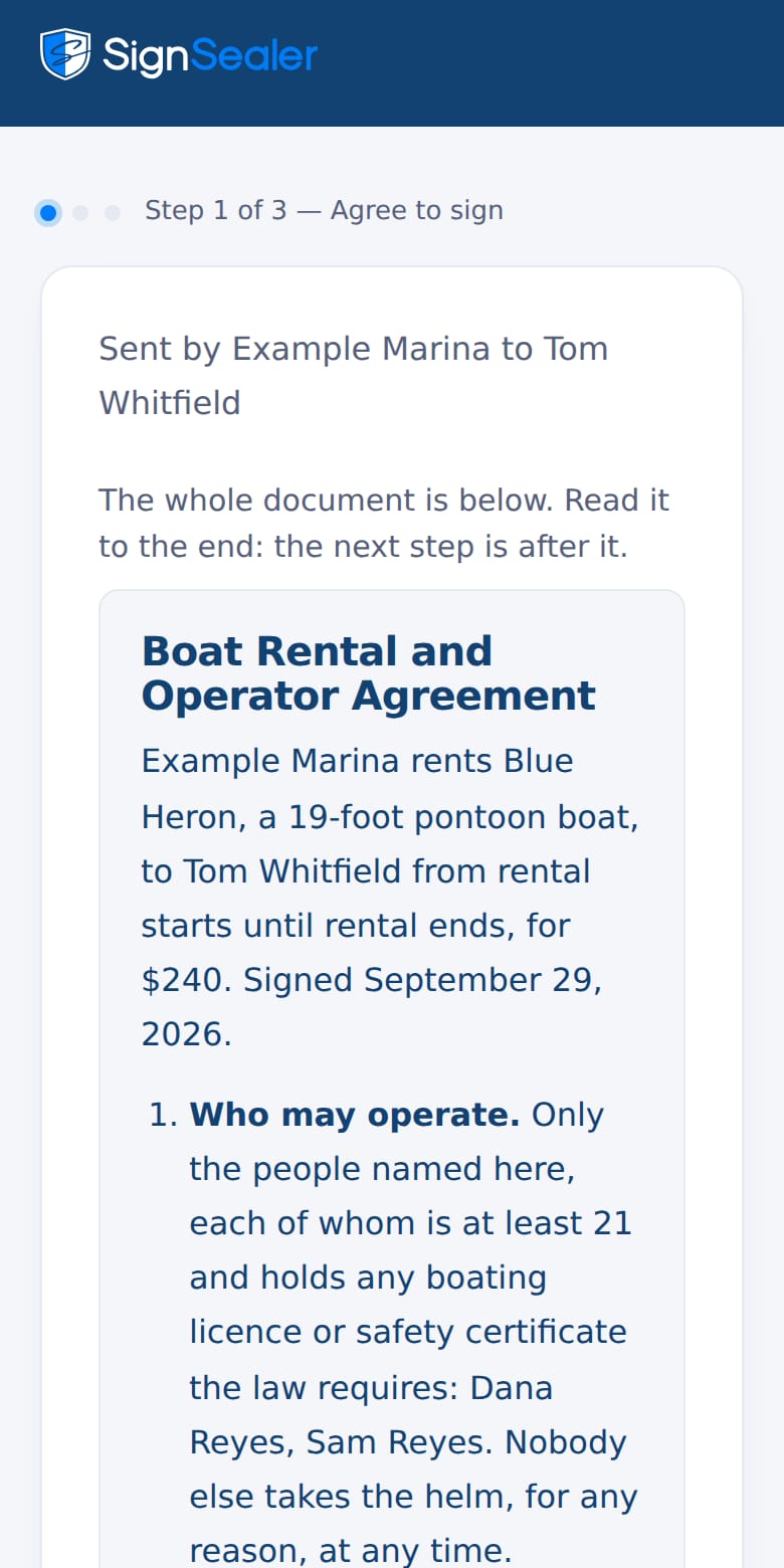 The signing page as it opens from the link in a text or an email: the document's title, who sent it and to whom, and the agreement to sign electronically. The business and the people named are examples.