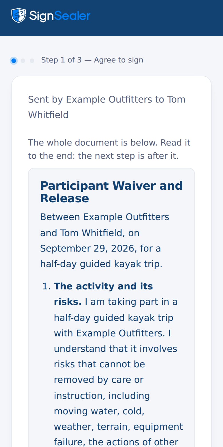 The signing page as it opens from the link in a text or an email: the document's title, who sent it and to whom, and the agreement to sign electronically. The business and the people named are examples.