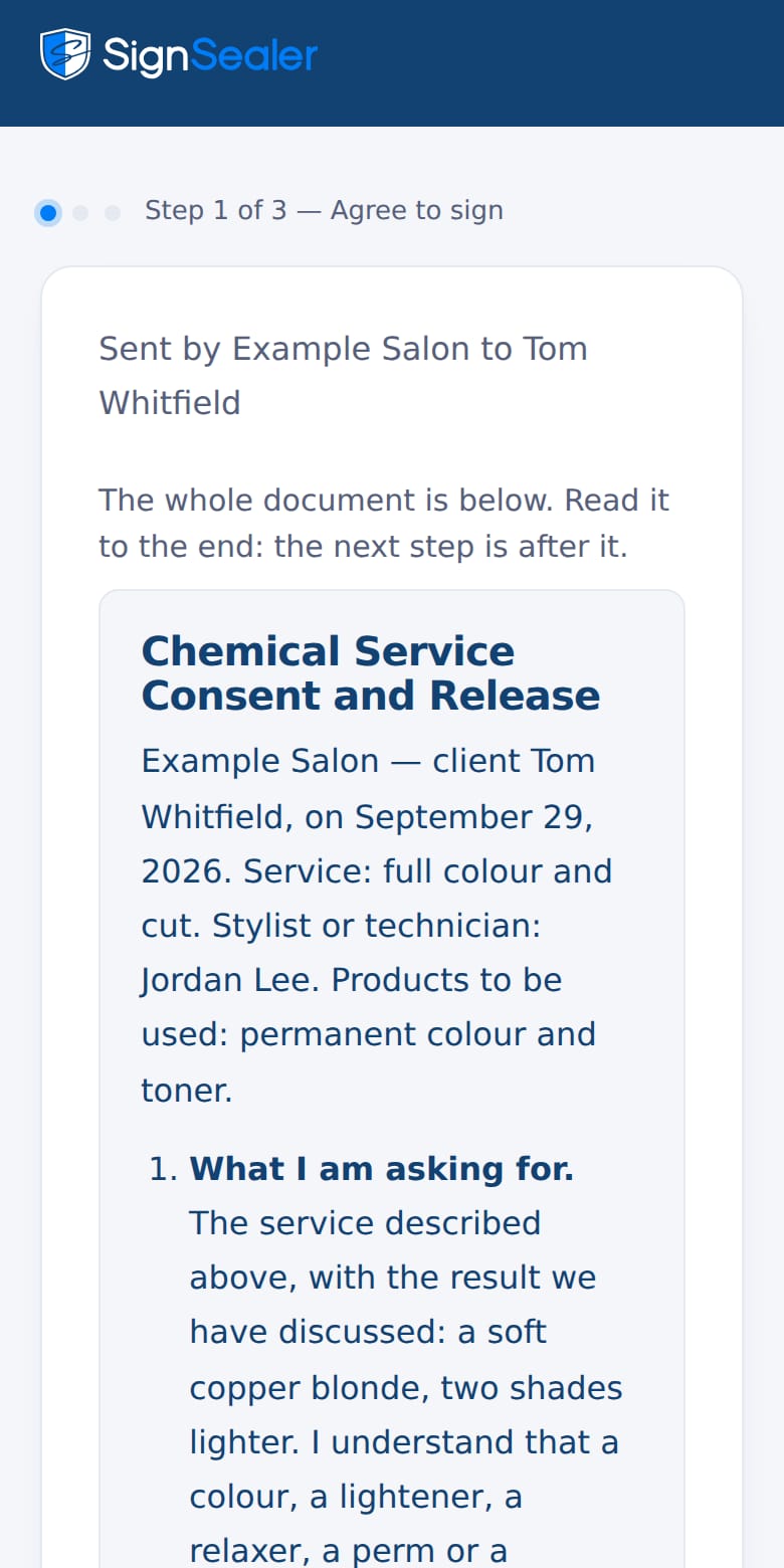 The signing page as it opens from the link in a text or an email: the document's title, who sent it and to whom, and the agreement to sign electronically. The business and the people named are examples.