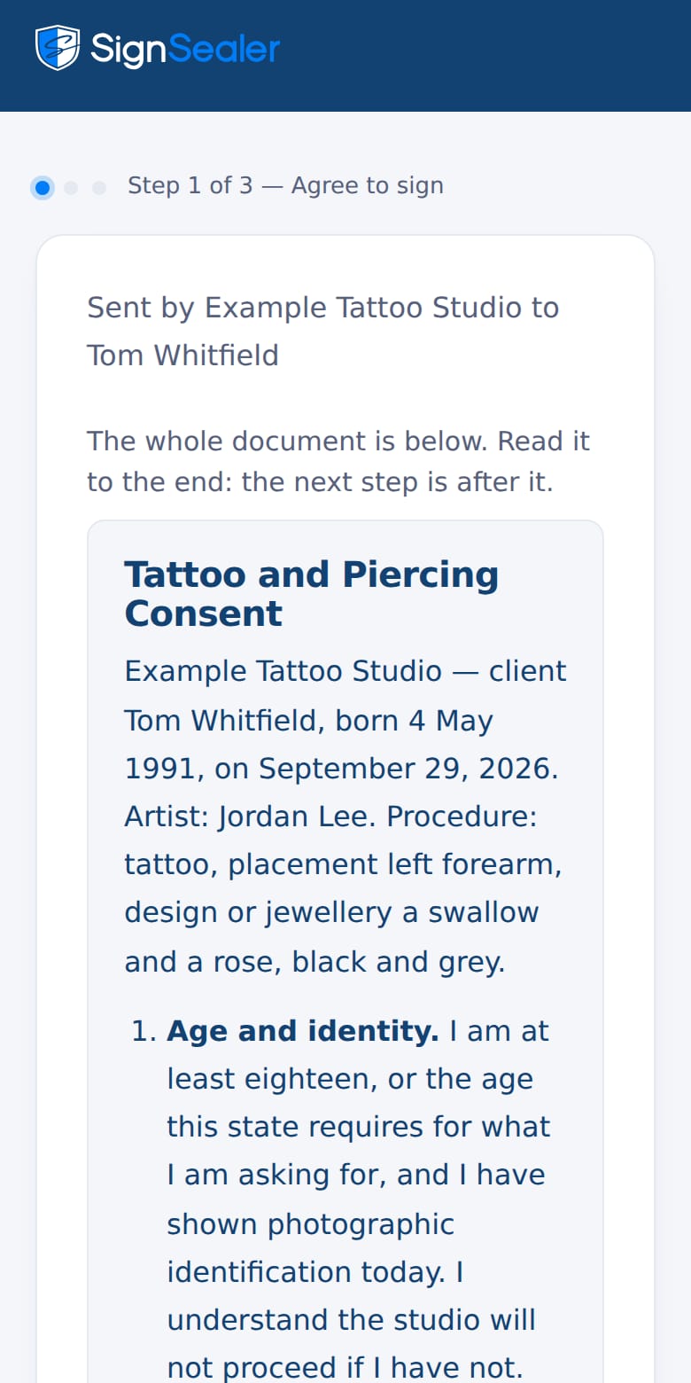 The signing page as it opens from the link in a text or an email: the document's title, who sent it and to whom, and the agreement to sign electronically. The business and the people named are examples.
