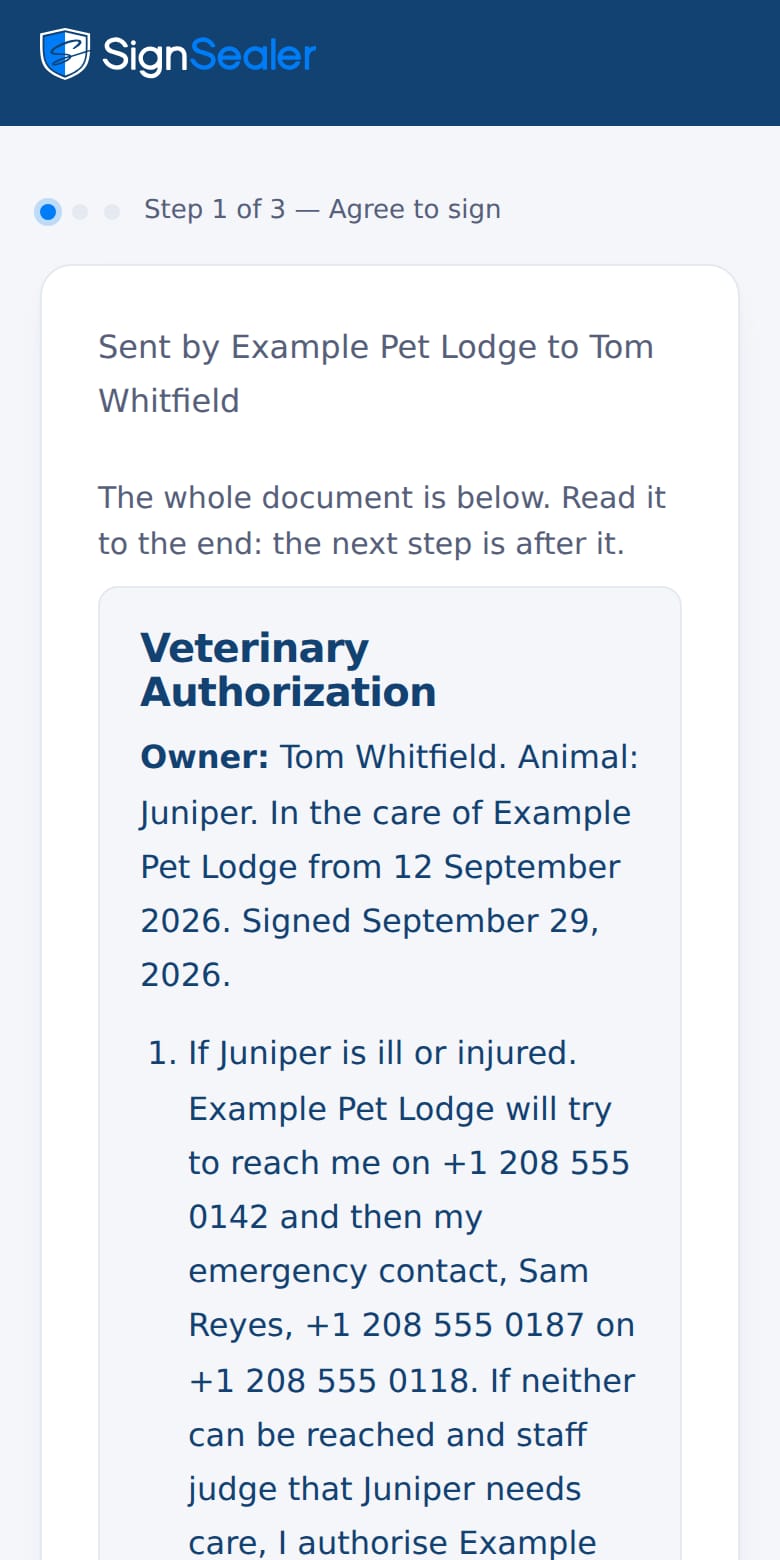 The signing page as it opens from the link in a text or an email: the document's title, who sent it and to whom, and the agreement to sign electronically. The business and the people named are examples.