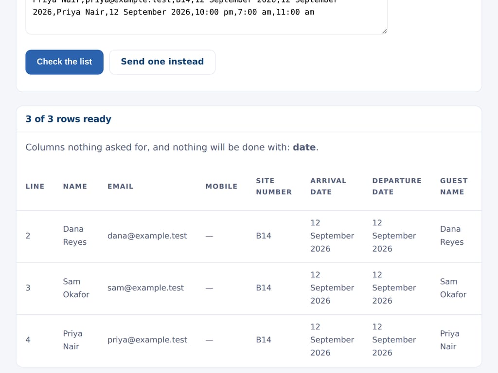 Send to a list: rows pasted from a spreadsheet, each checked before any of them is sent. The business and the people named are examples.