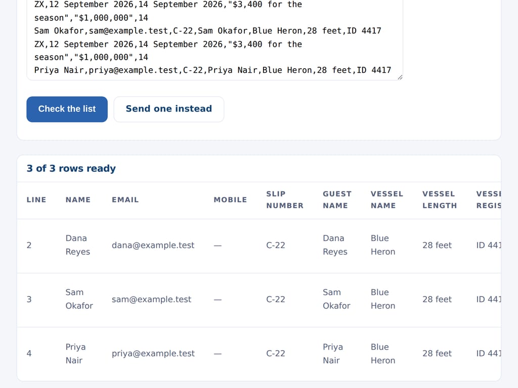 Send to a list: rows pasted from a spreadsheet, each checked before any of them is sent. The business and the people named are examples.