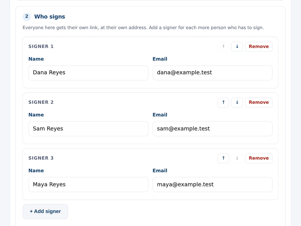 The send screen with several people on one document, each their own signer. The business and the people named are examples.