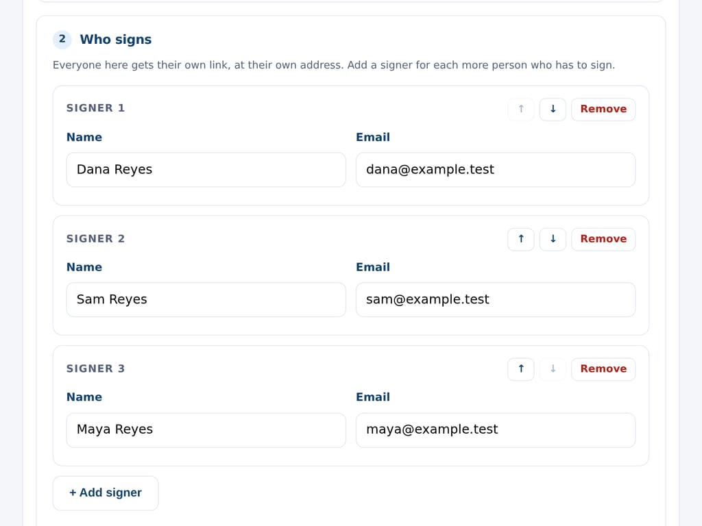 The send screen with several people on one document, each their own signer. The business and the people named are examples.