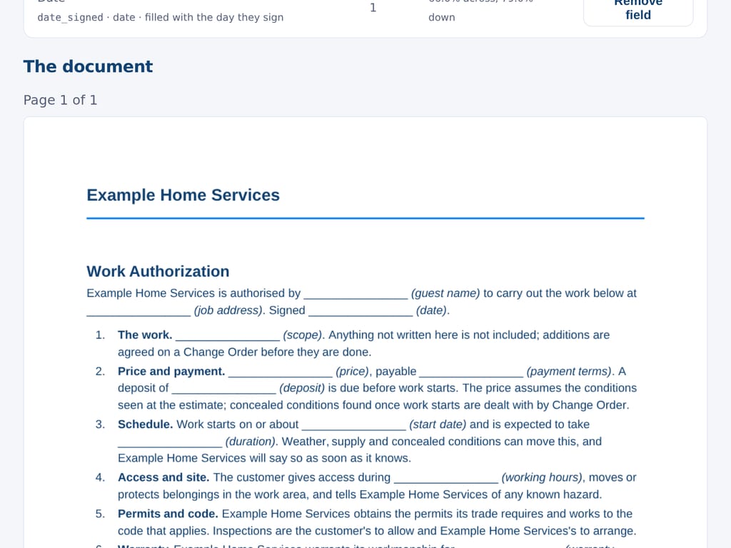 An uploaded PDF, kept whole: its pages at a size you can read. The business and the people named are examples.