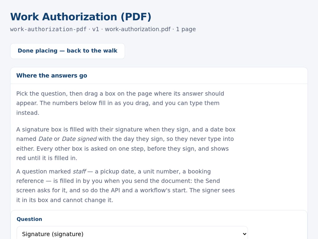 Placing the boxes on an uploaded PDF: each signature, date and initial where it belongs, assigned to a signer. The business and the people named are examples.
