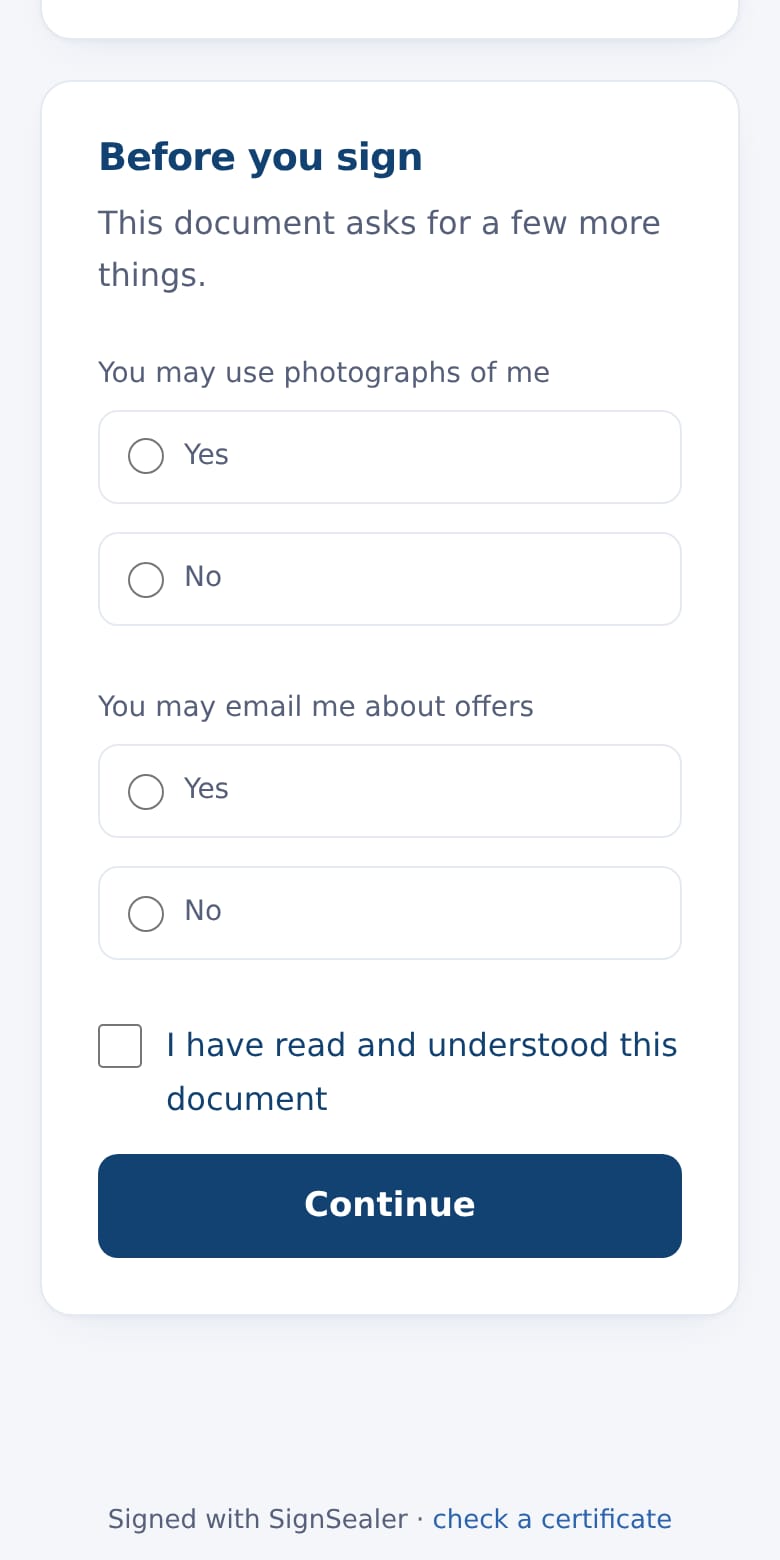 A question on the signing page, asked separately from the agreement, with its own answer. The business and the people named are examples.