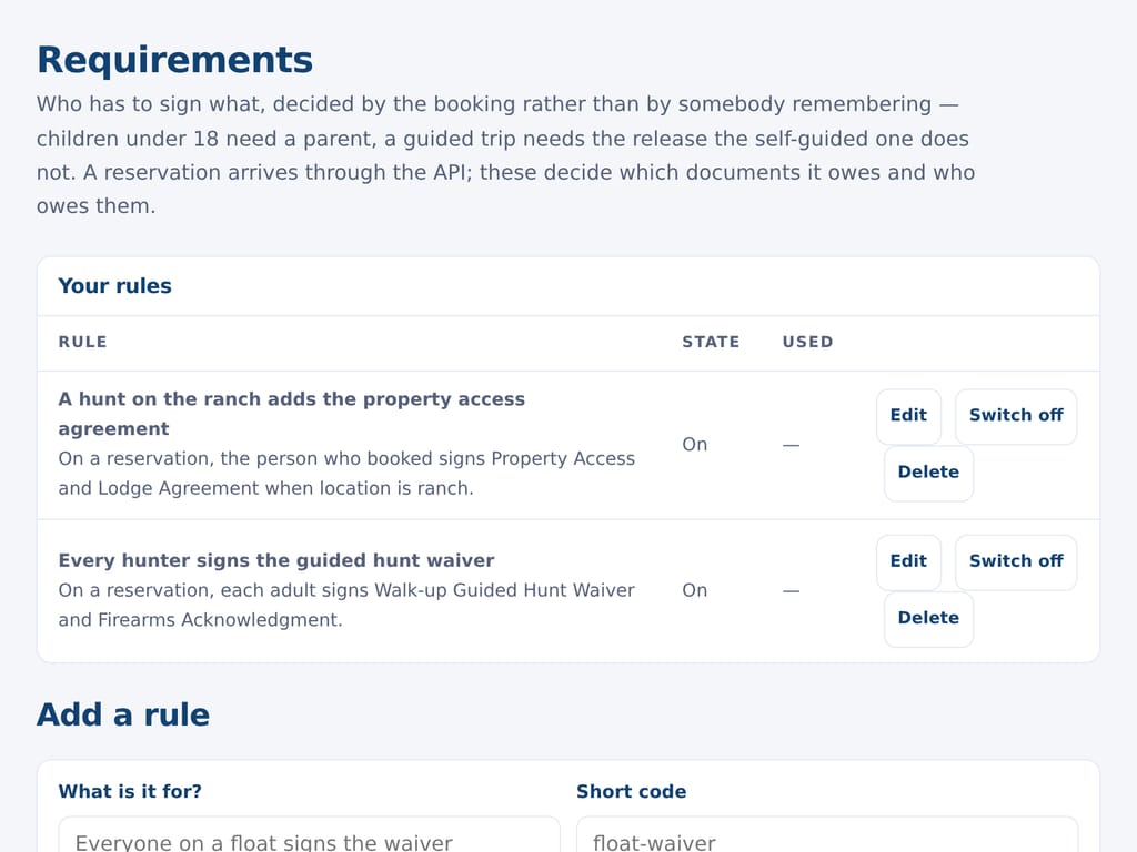 Requirements: the rules that decide which documents a booking needs. The business and the people named are examples.