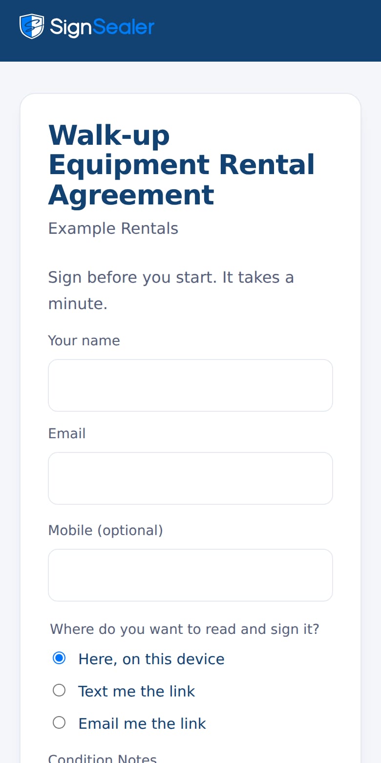 The public form a walk-up customer opens from the QR code: their name, email and mobile, and where they want to read and sign. The business and the people named are examples.