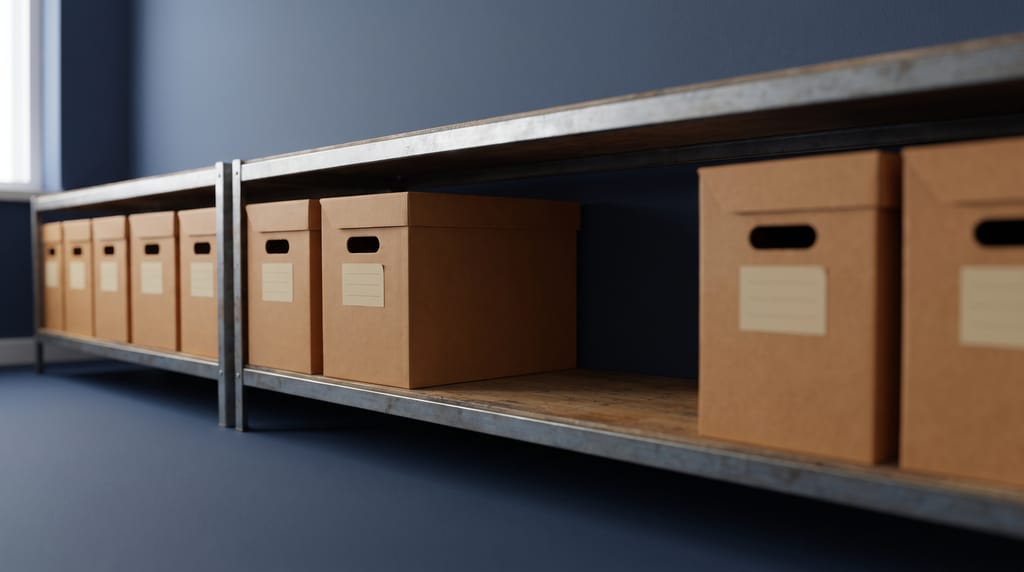 Cardboard archive boxes with blank labels in a row on a steel shelf, a gap in the row.