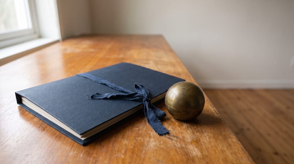 A navy document folder tied with a cloth ribbon on a wooden desk, a brass ball paperweight beside it.