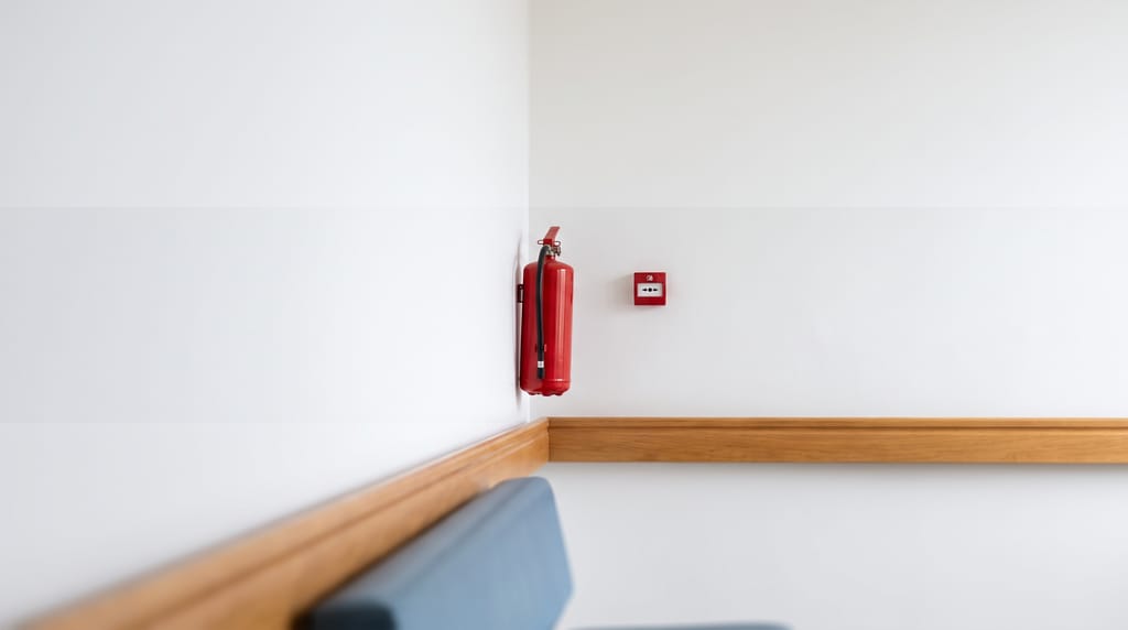 A red fire extinguisher on its bracket and a fire-alarm call point on a clean white wall.