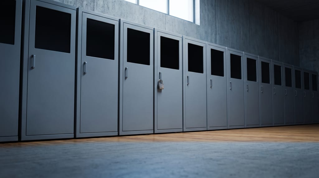 A long row of closed grey cabinets in a concrete room, one of them padlocked.