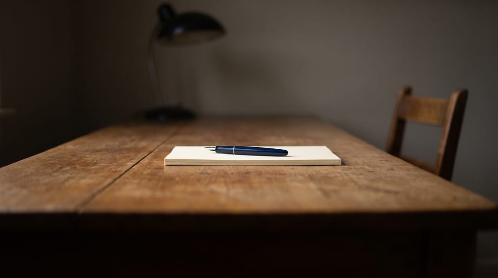 A navy fountain pen resting on a stack of blank cream paper on a long wooden desk, a chair behind.