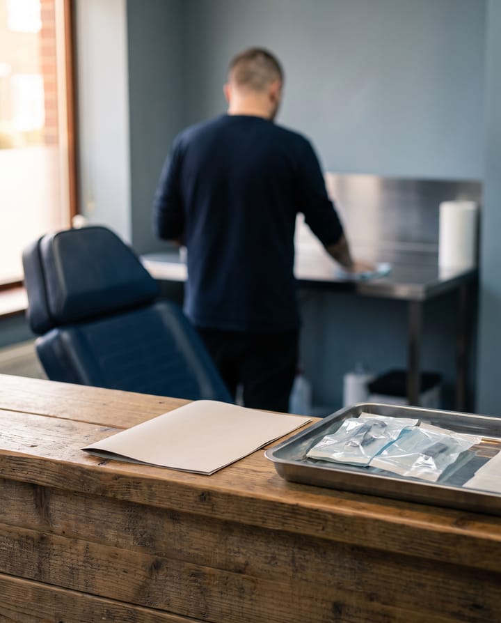 The timber front counter of a clean tattoo studio with a folded aftercare sheet and a tray of sealed sterile packets, an artist seen from behind wiping down a padded chair in the room beyond.